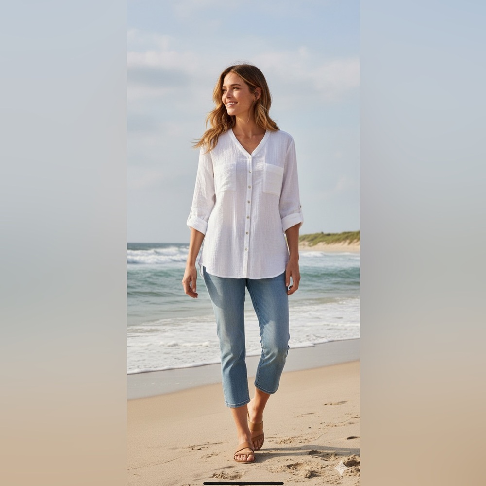 Eileen Fisher‎ White Gauzy Beachy Coastal Organic Cotton Blouse Size Medium